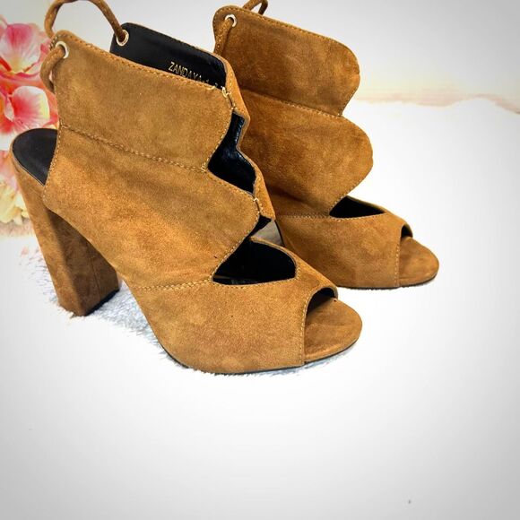 Tan Brown Suede Open Toe Tie Up Heels Size 7.5 - Picture 2 of 11